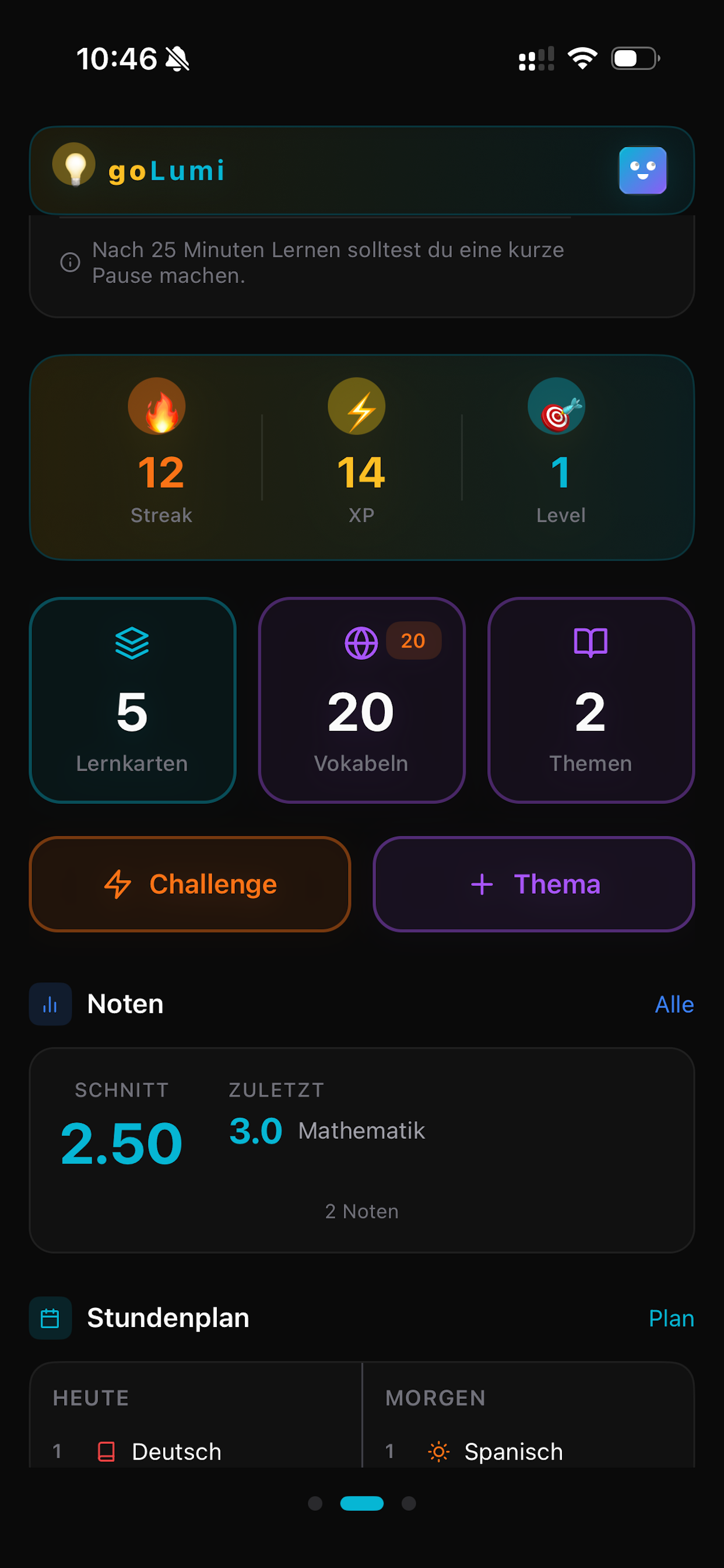 goLumi Dashboard mit Streak, XP und Themen